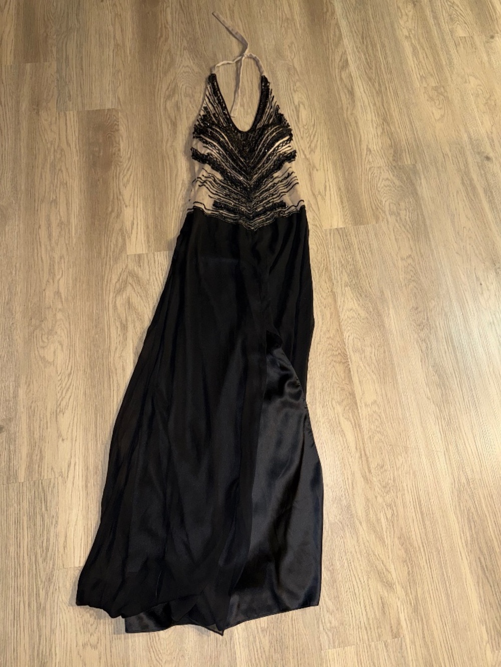 Vintage Scala Beaded Halter Gown Black Nude Silk Dress Old Hollywood Glam (FLAW)